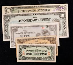 Lot of 5 Japanese WWII Invasion Money "JIM" Notes, Various Countries & Denominations Grades