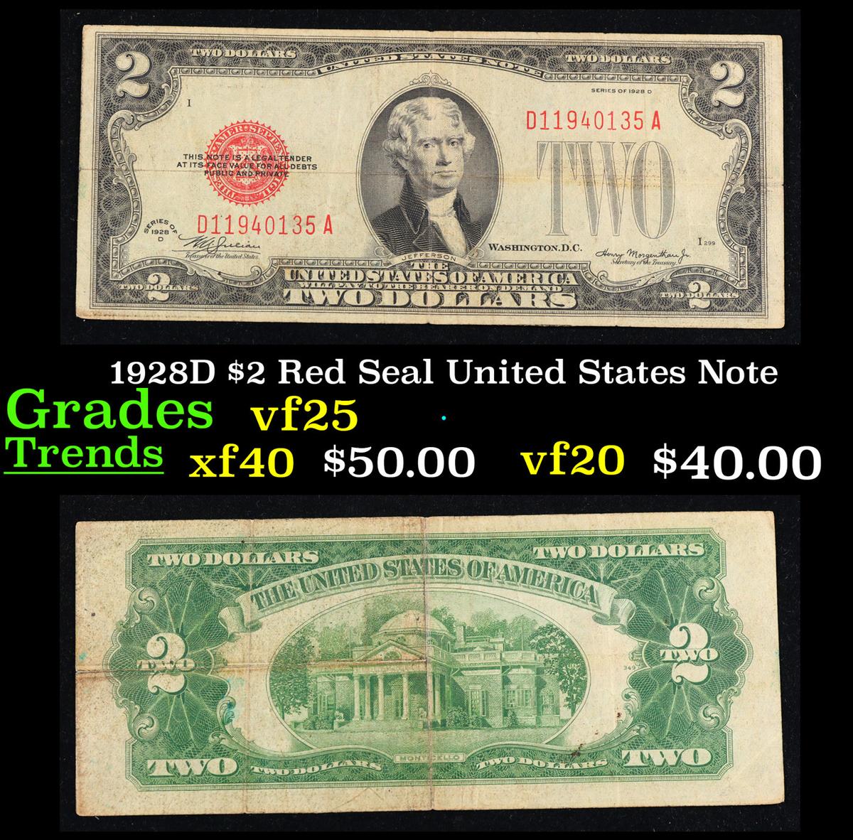 1928D $2 Red Seal United States Note Grades vf+