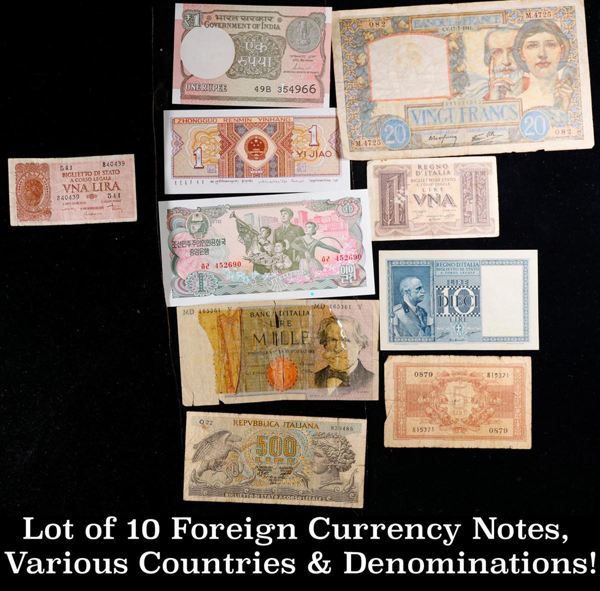 Lot of 10 Foreign Currency Notes, Various Countries & Denominations! Grades