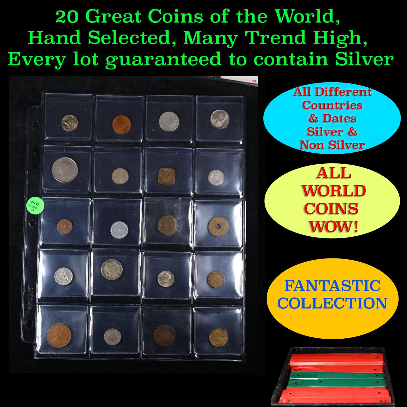 20 Great Coins of the World, hand selected, many trend high, every lot guaranteed to contain Silver.