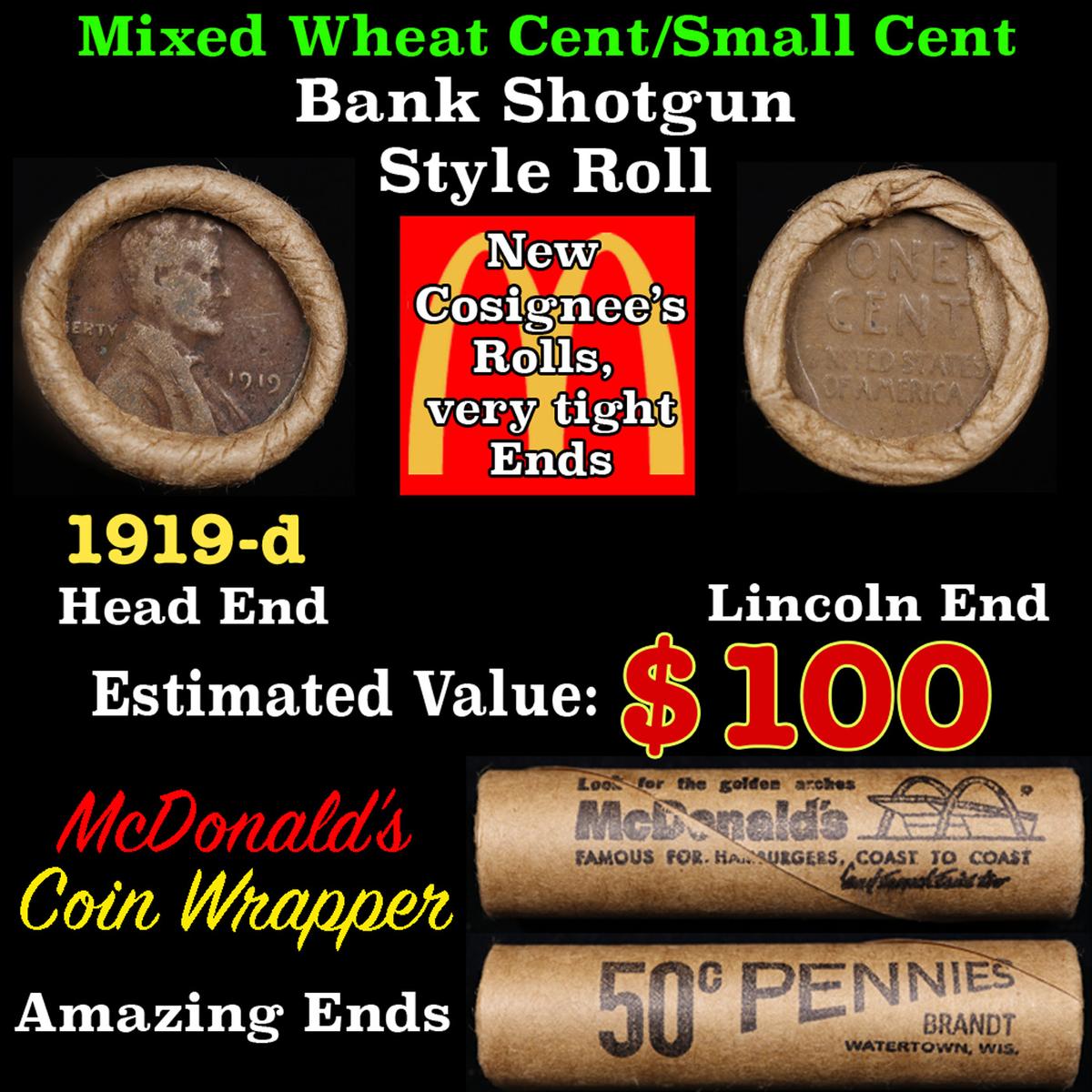 Lincoln Wheat Cent 1c Mixed Roll Orig Brandt McDonalds Wrapper, 1919-d end, Wheat other end