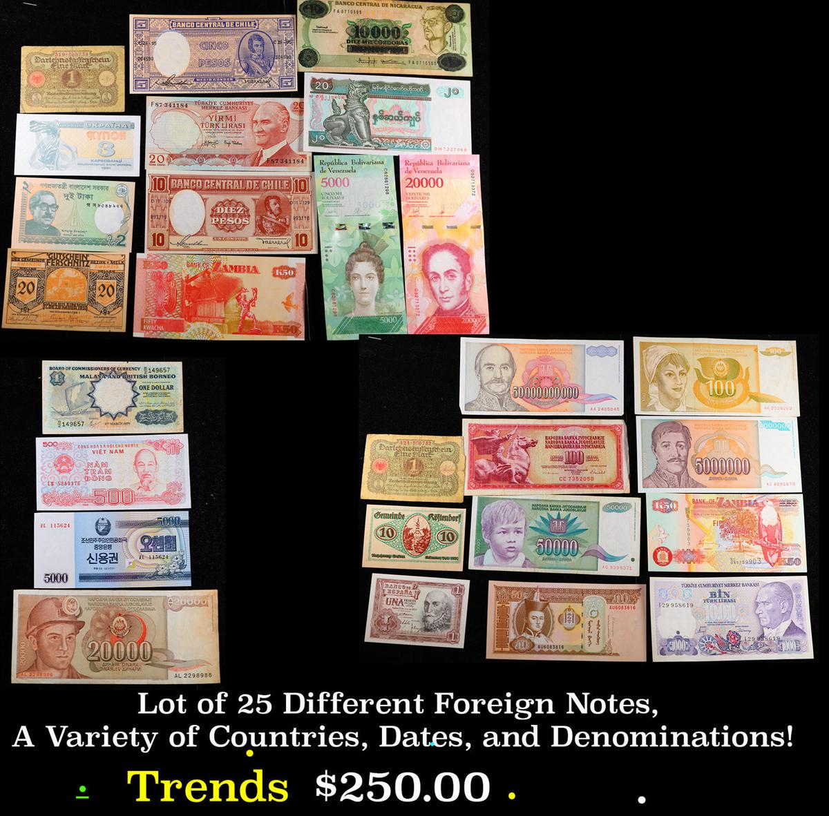 Lot of 25 Different Foreign Notes, A Variety of Countries, Dates, and Denominations!