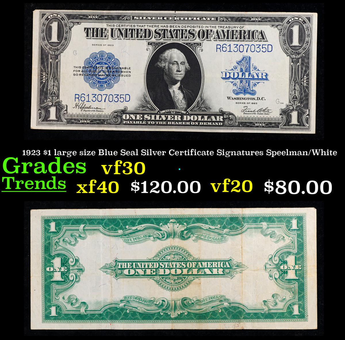 1923 $1 large size Blue Seal Silver Certificate Grades vf++ Signatures Speelman/White