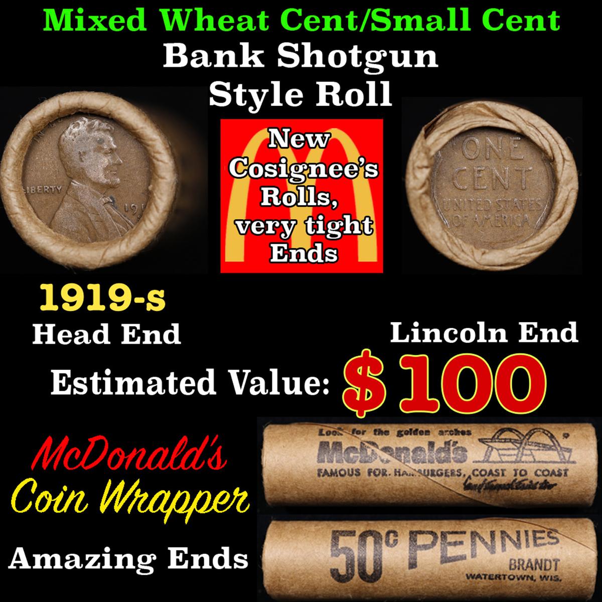 Lincoln Wheat Cent 1c Mixed Roll Orig Brandt McDonalds Wrapper, 1919-s end, Wheat other end