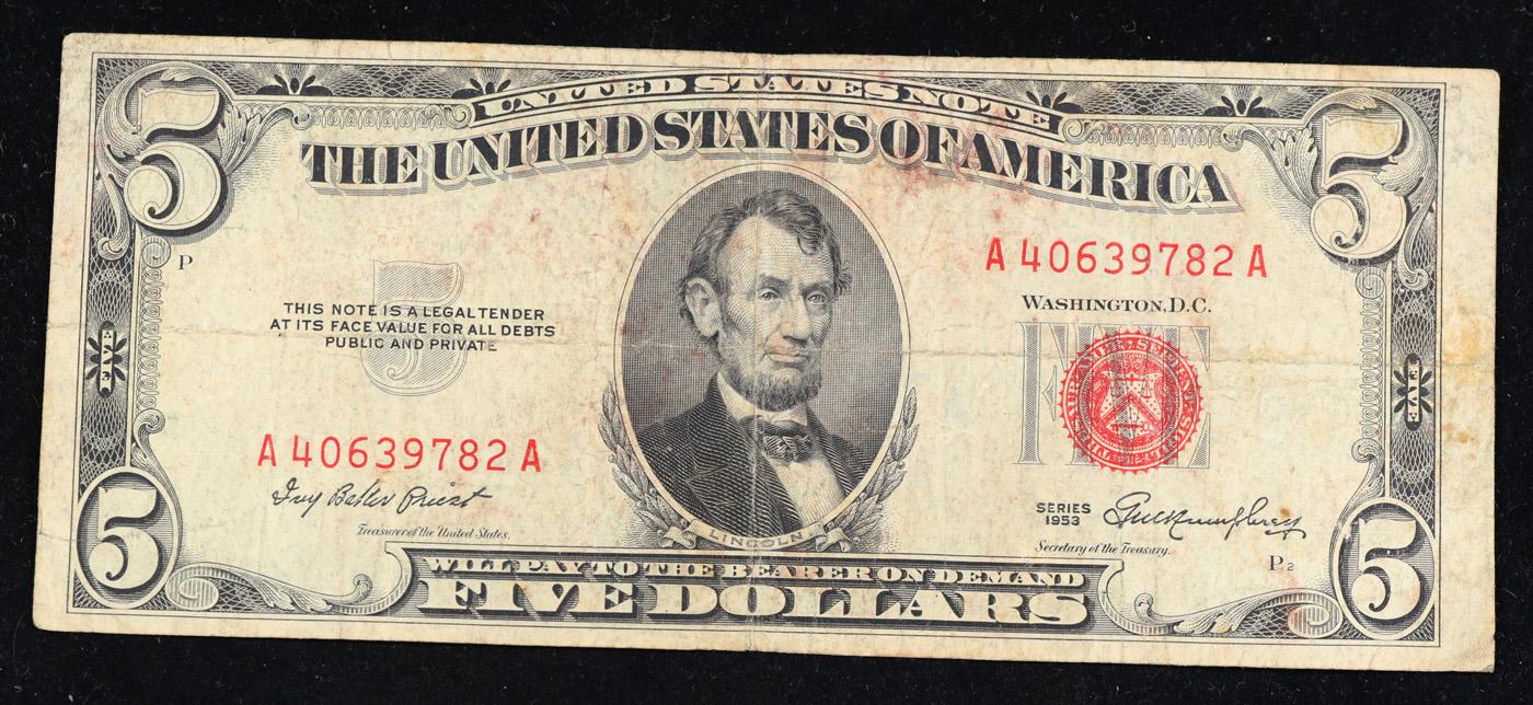 1953 $5 Red Seal United States Note Grades vf++