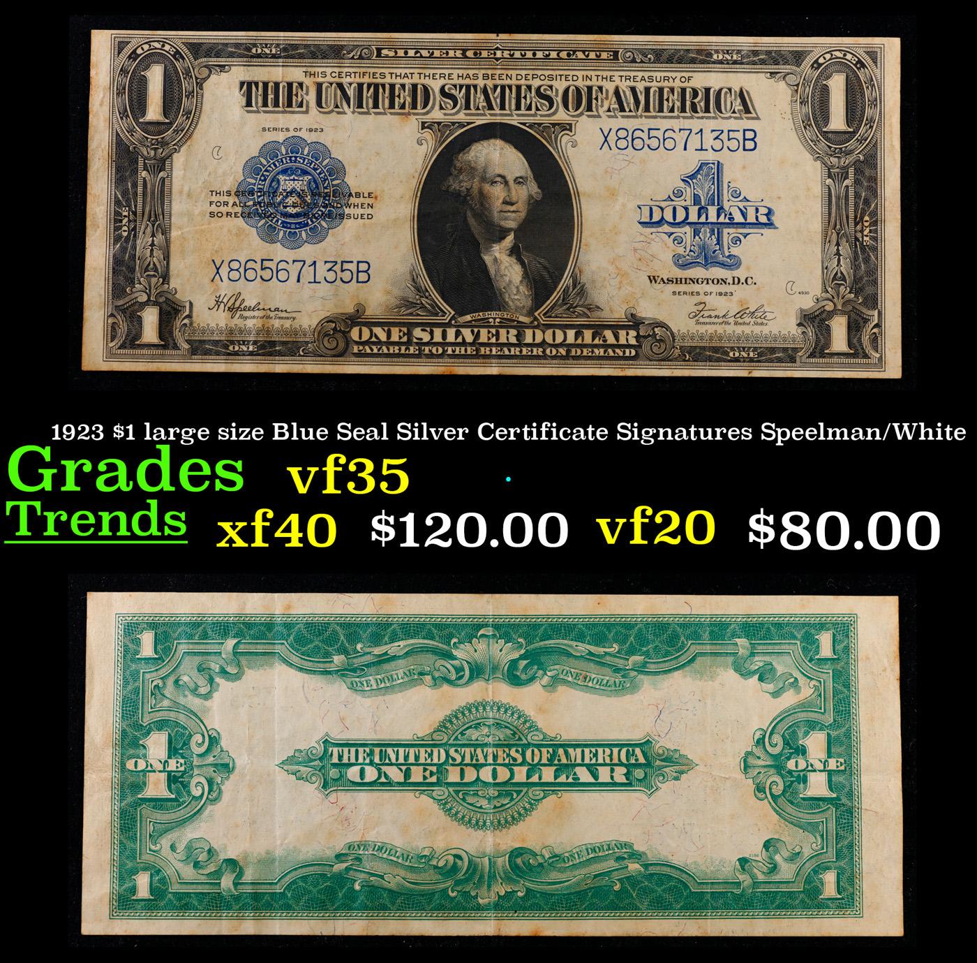 1923 $1 large size Blue Seal Silver Certificate Grades vf++ Signatures Speelman/White