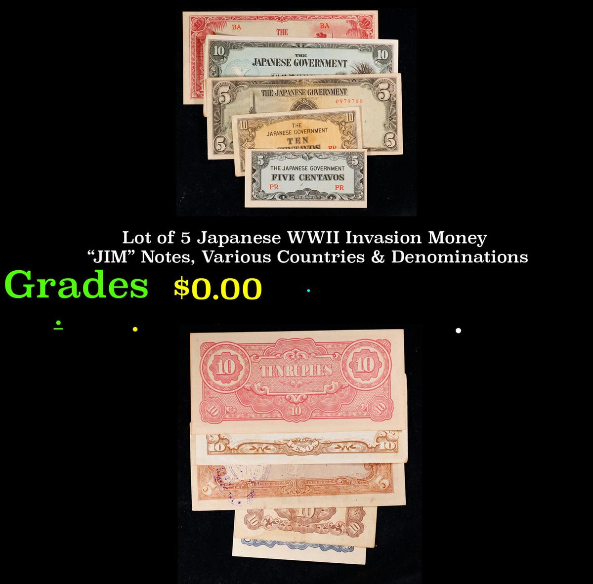 Lot of 5 Japanese WWII Invasion Money "JIM" Notes, Various Countries & Denominations Grades