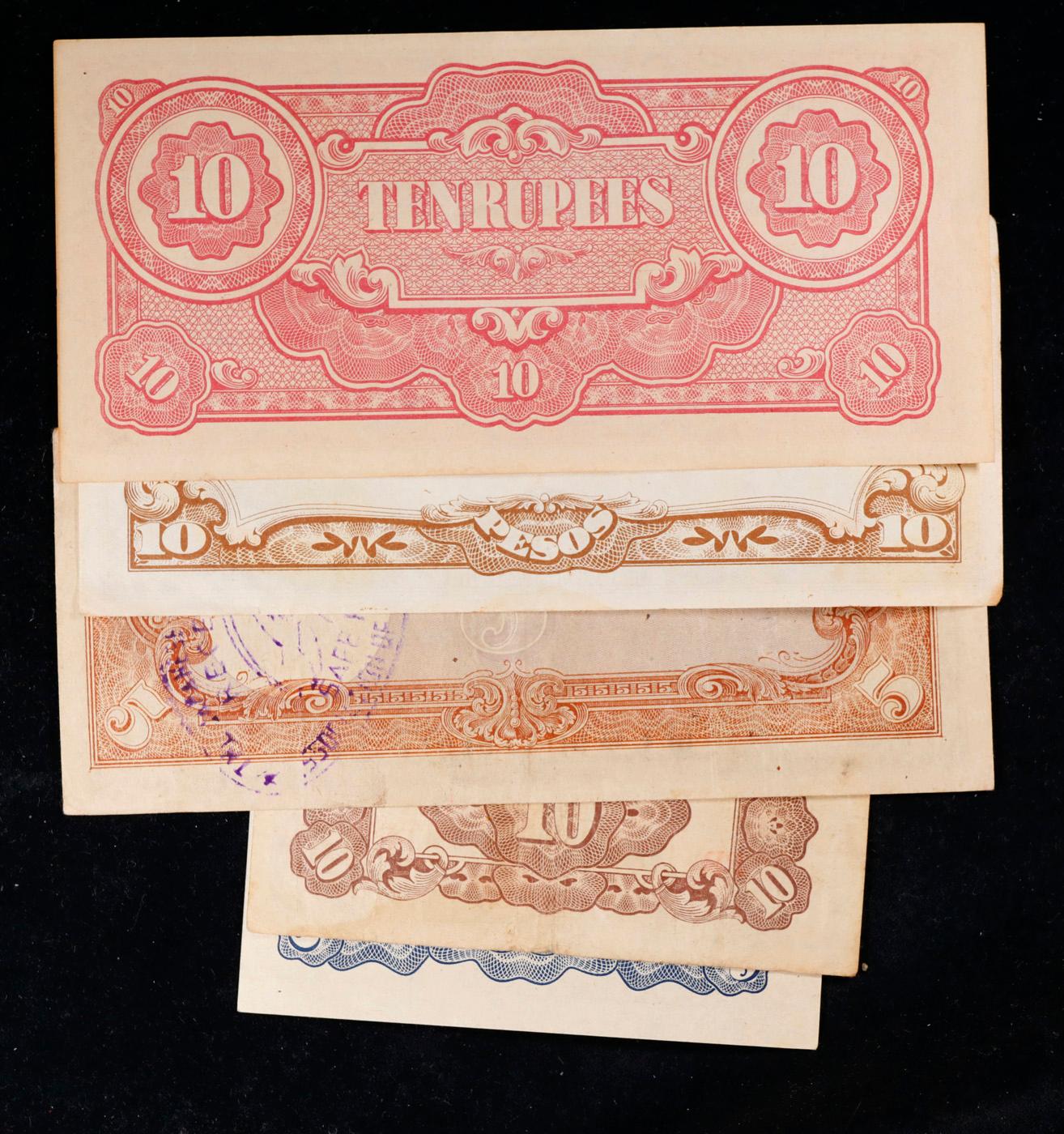 Lot of 5 Japanese WWII Invasion Money "JIM" Notes, Various Countries & Denominations Grades