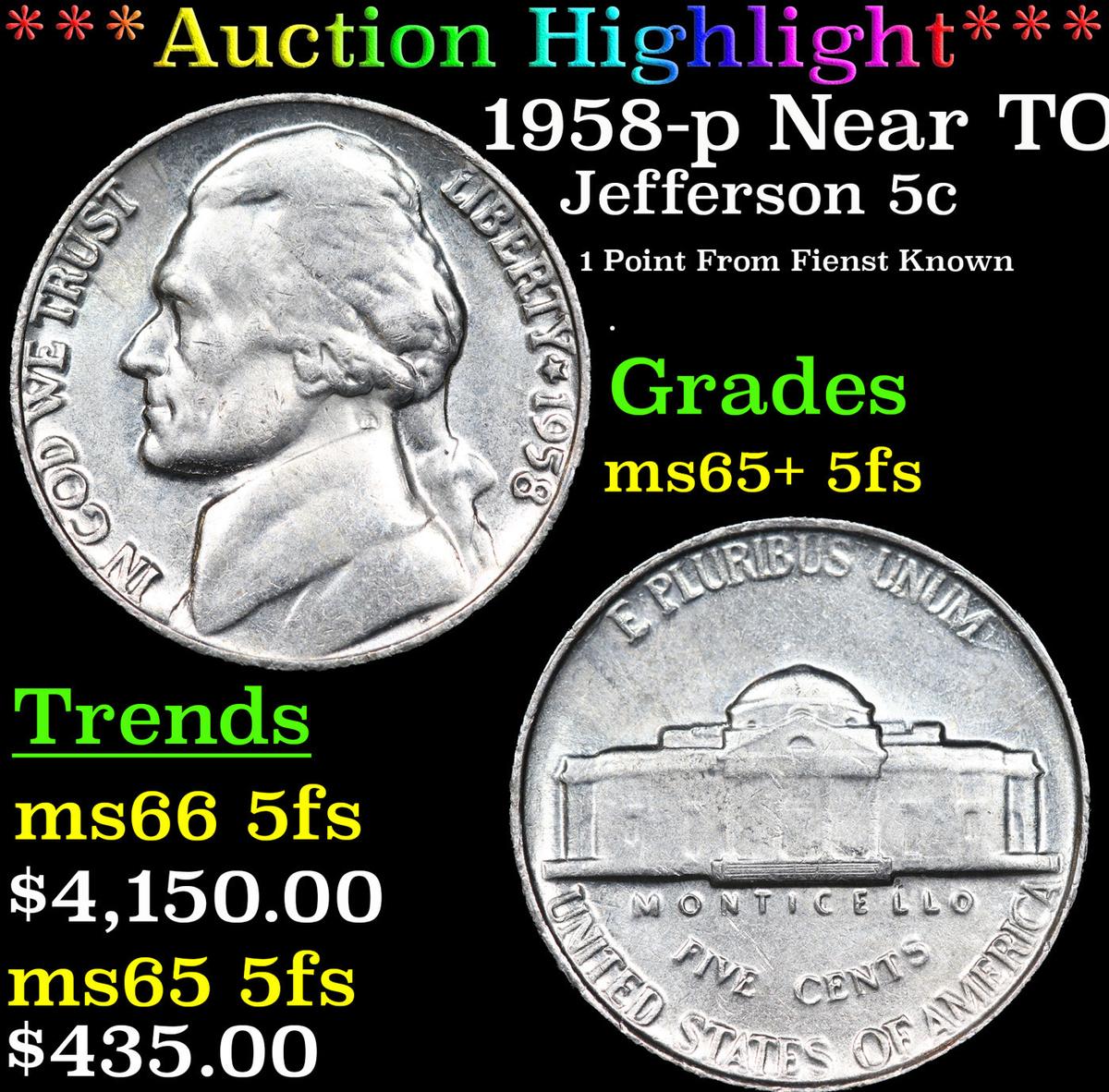 ***Auction Highlight*** 1958-p Jefferson Nickel Near TOP POP! 5c Graded GEM+ 5fs By USCG (fc)