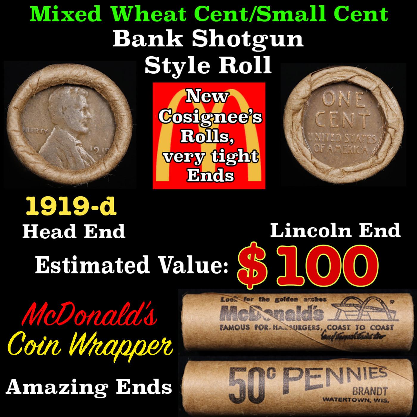 Lincoln Wheat Cent 1c Mixed Roll Orig Brandt McDonalds Wrapper, 1919-d end, Wheat other end