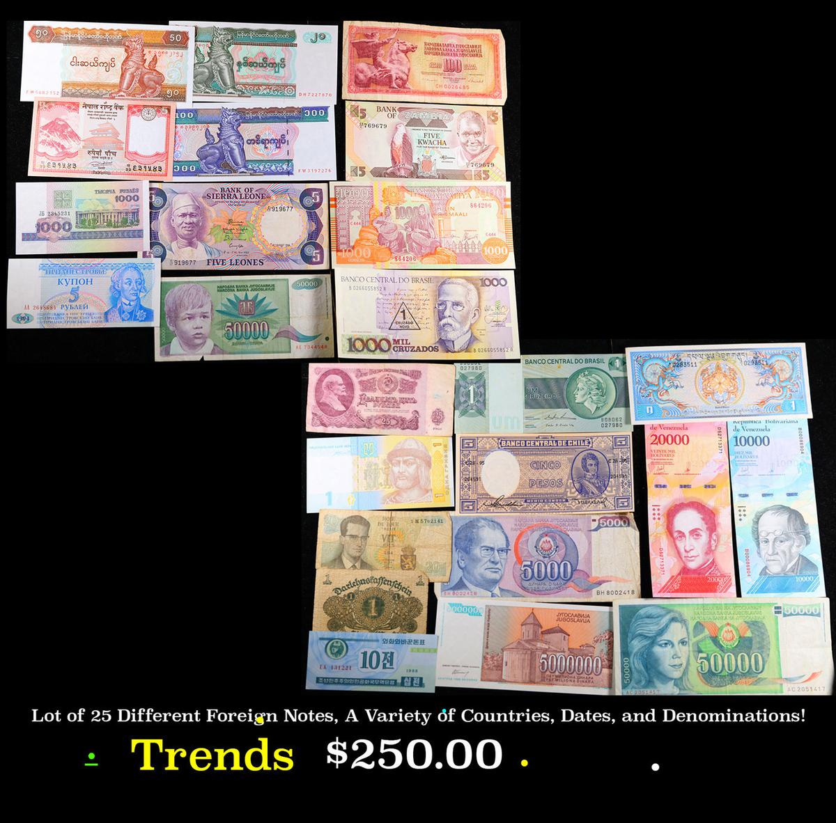 Lot of 25 Different Foreign Notes, A Variety of Countries, Dates, and Denominations!