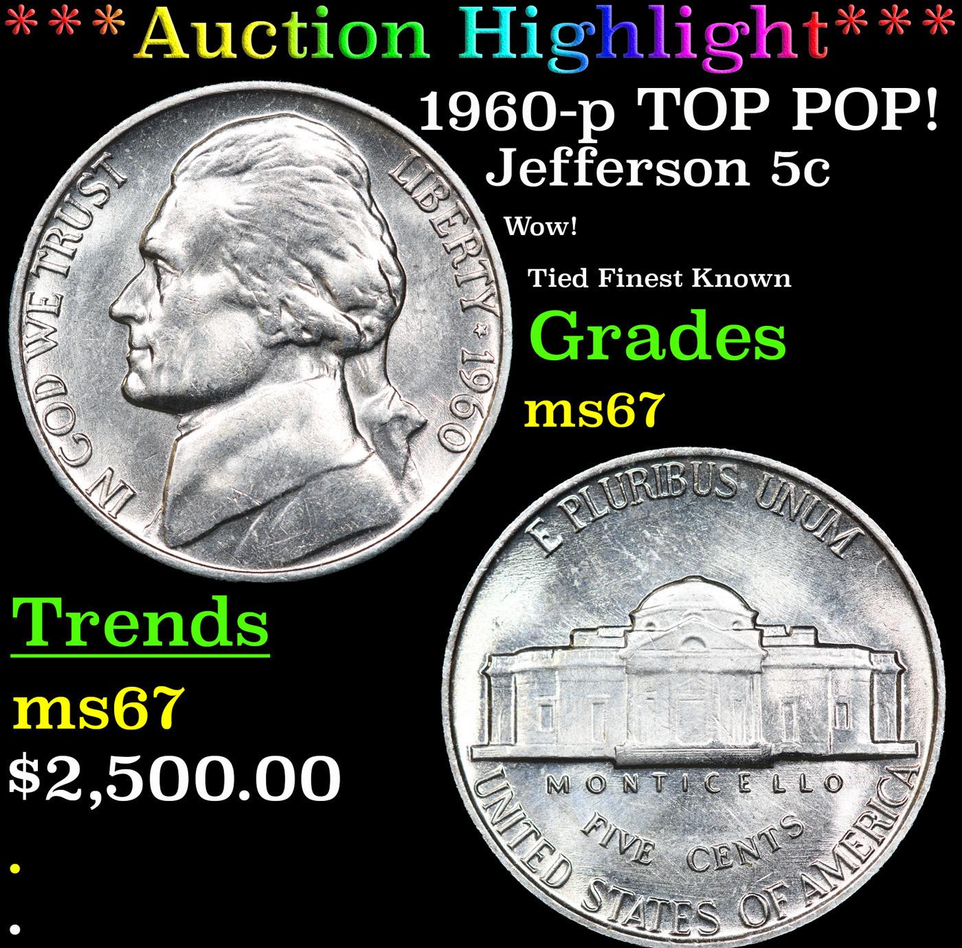 ***Auction Highlight*** 1960-p Jefferson Nickel TOP POP! 5c Graded ms67 BY SEGS (fc)