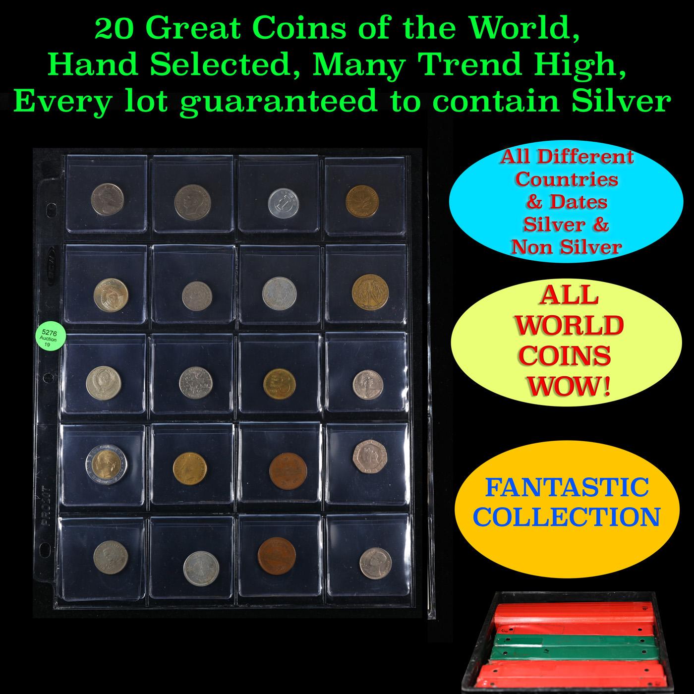 20 Great Coins of the World, hand selected, many trend high, every lot guaranteed to contain Silver.