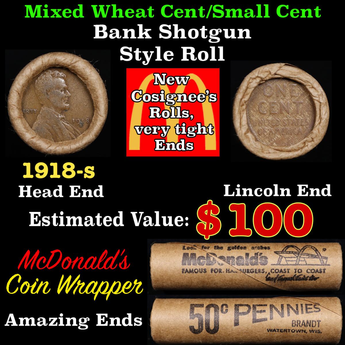 Lincoln Wheat Cent 1c Mixed Roll Orig Brandt McDonalds Wrapper, 1918-s end, Wheat other end