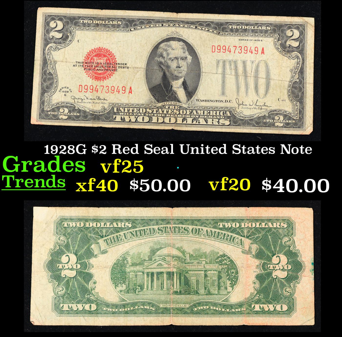 1928G $2 Red Seal United States Note Grades vf+