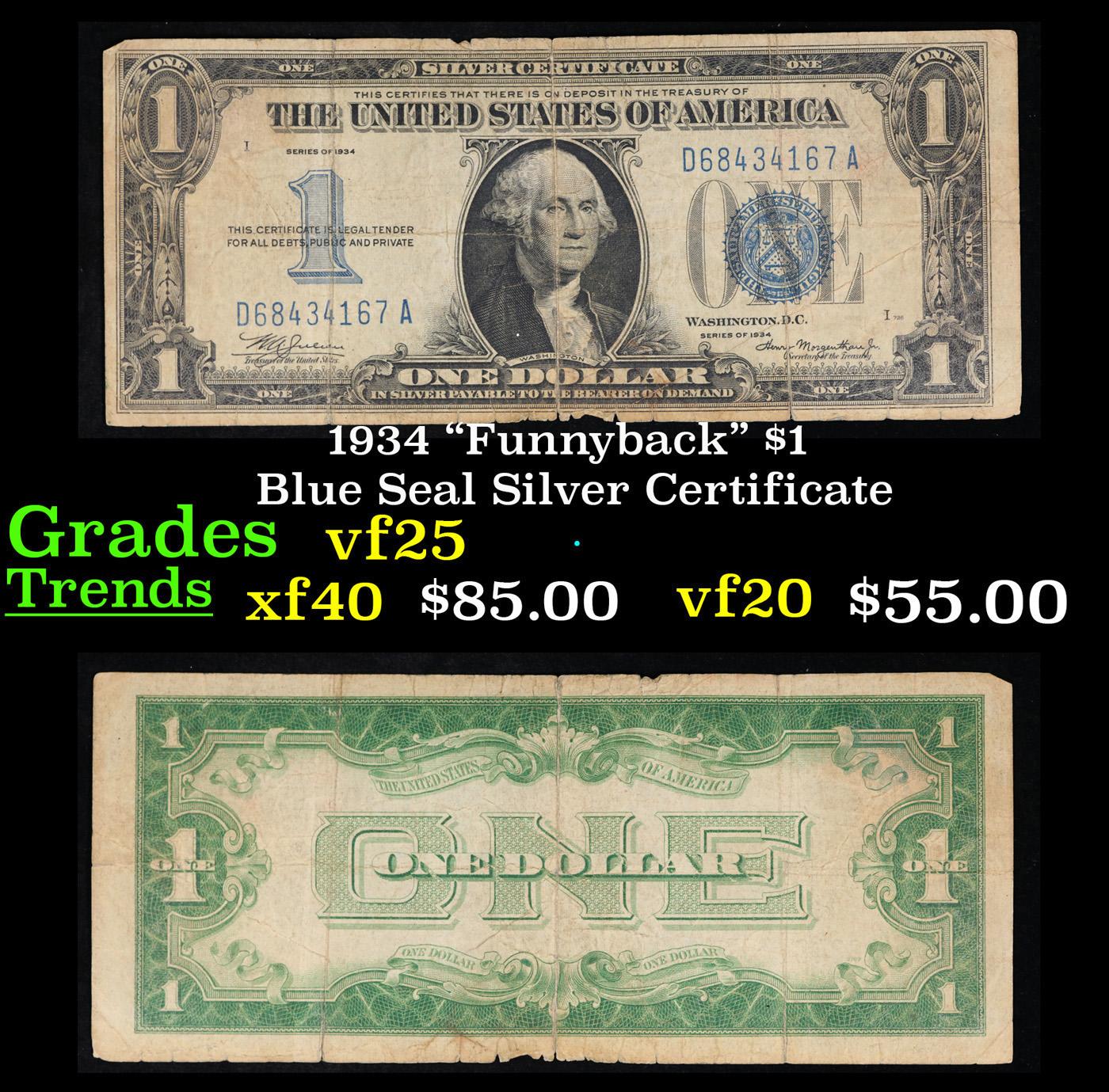 1934 "Funnyback" $1 Blue Seal Silver Certificate Grades vf+