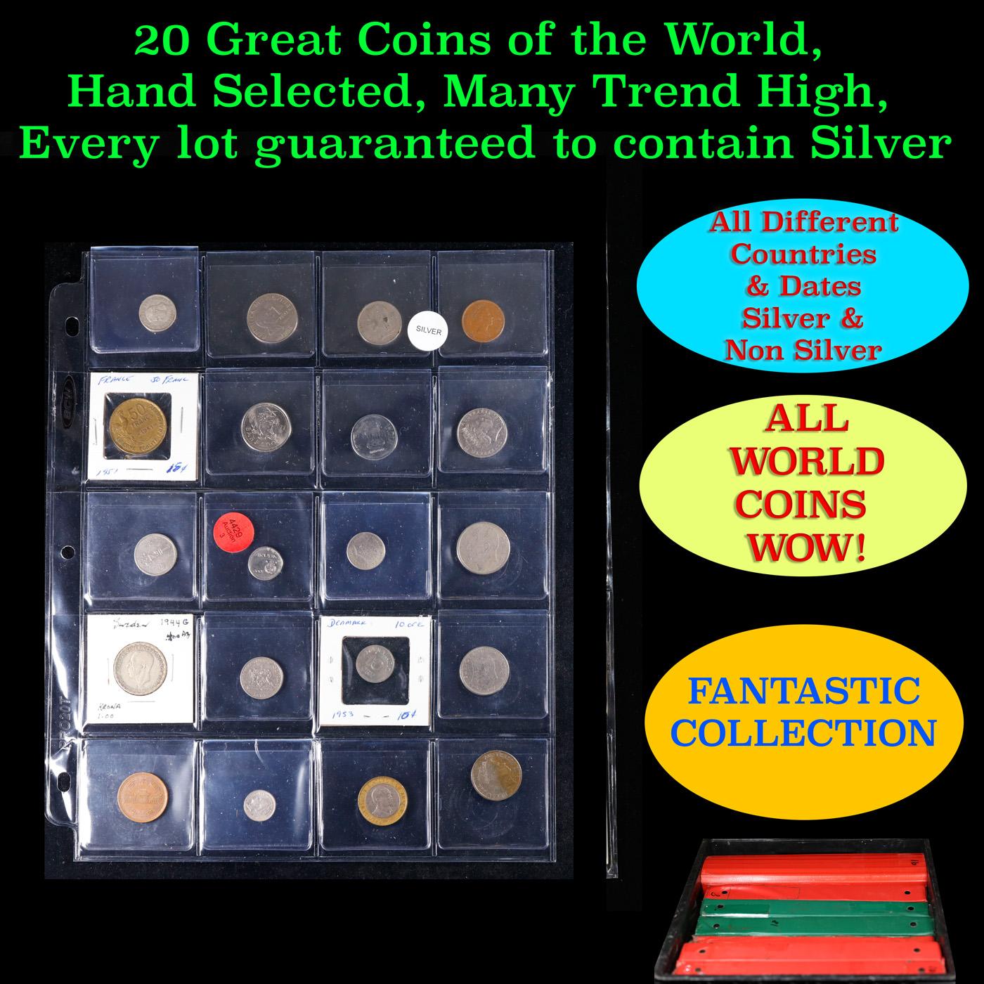 20 Great Coins of the World, hand selected, many trend high, every lot guaranteed to contain Silver.