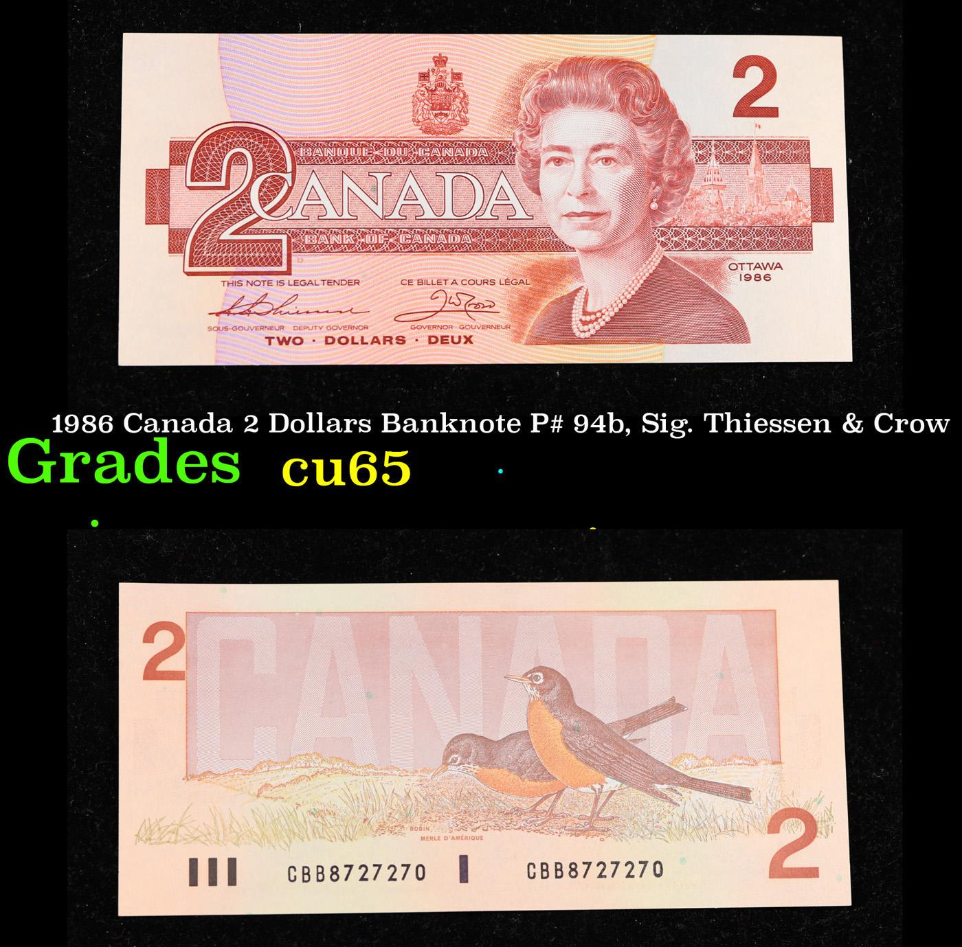 1986 Canada 2 Dollars Banknote P# 94b, Sig. Thiessen & Crow Grades Gem CU