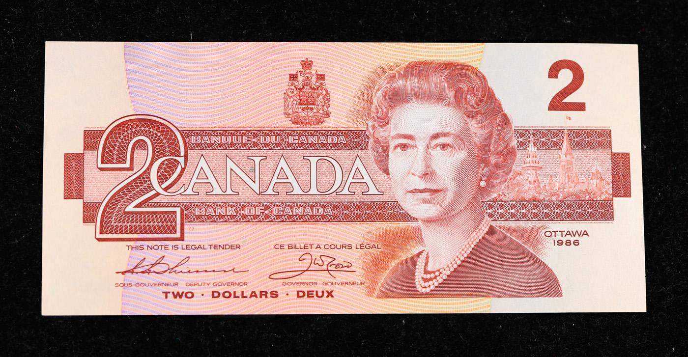 1986 Canada 2 Dollars Banknote P# 94b, Sig. Thiessen & Crow Grades Gem CU