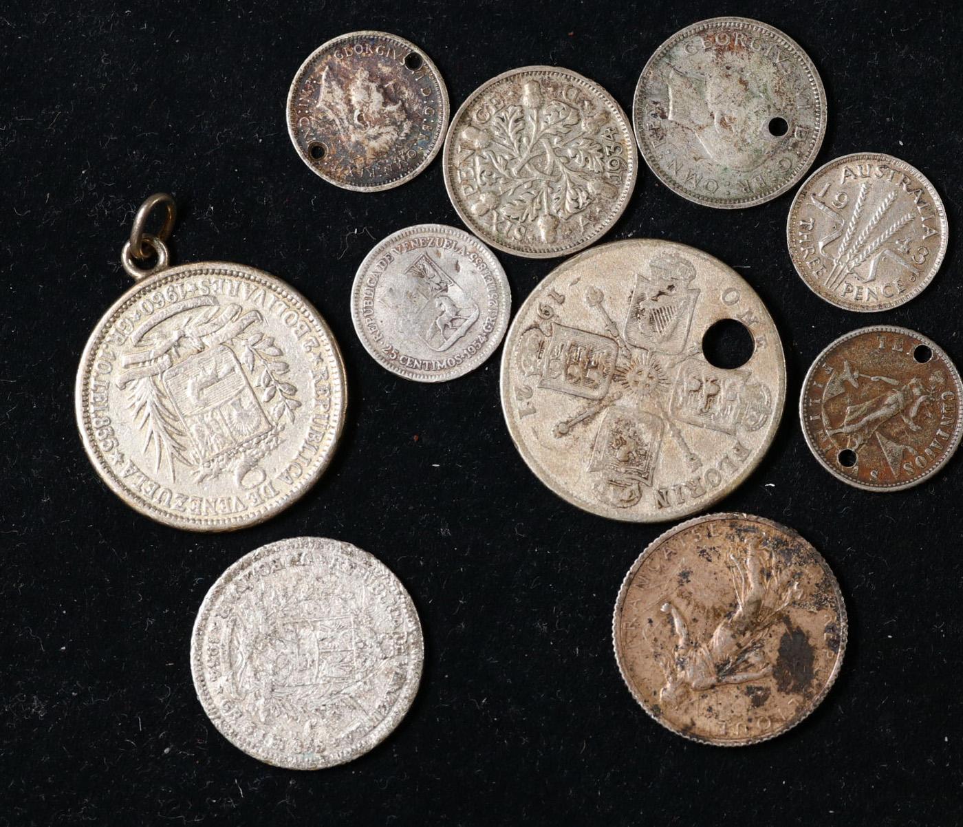 Group of 10 Coins - 1915 Franc, 1921 Florin, Venezuela 1 and 2 Bolivars, Aus. Threepence and Sixpenc