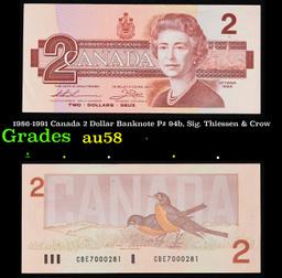 1986-1991 Canada 2 Dollar Banknote P# 94b, Sig. Thiessen & Crow Grades Choice AU/BU Slider