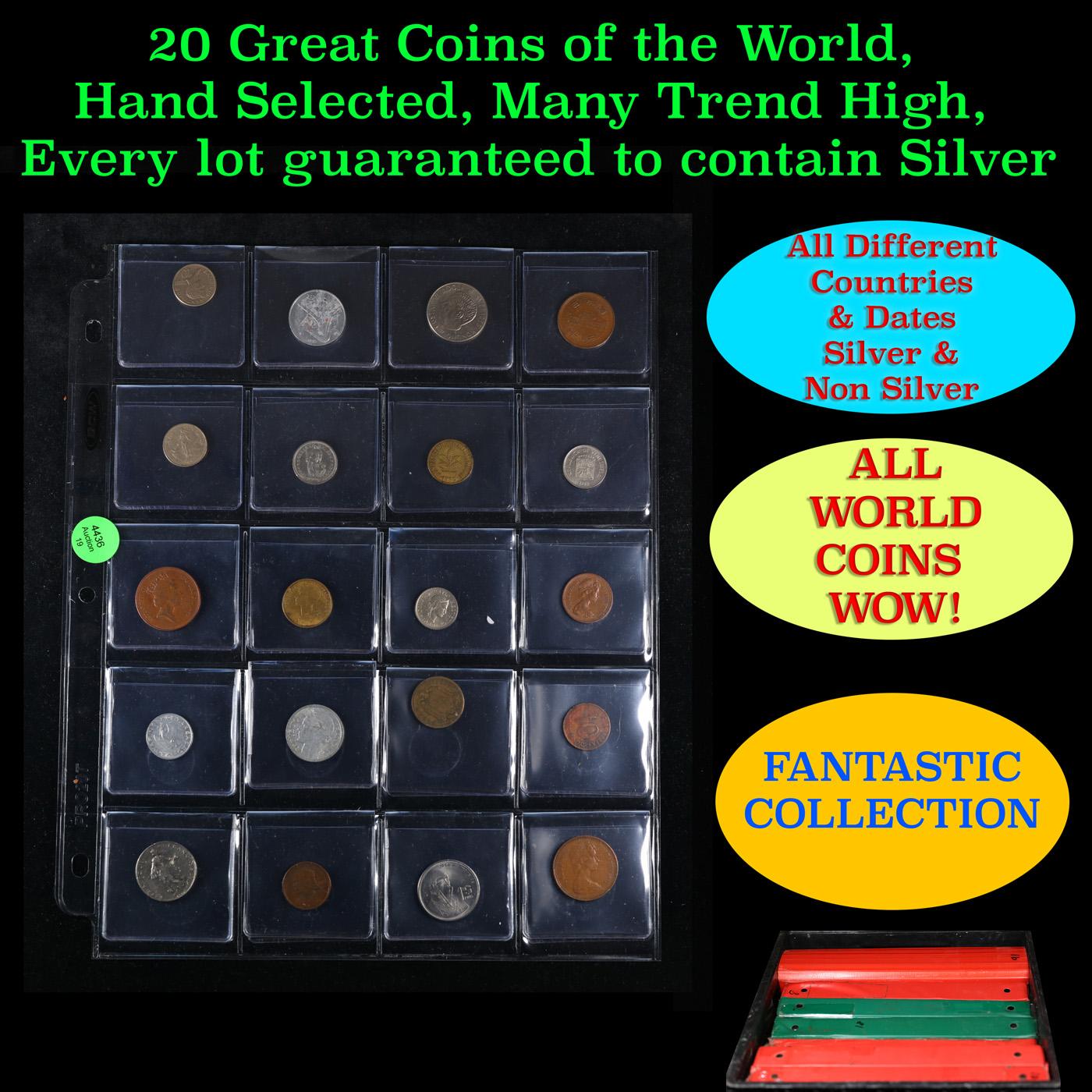 20 Great Coins of the World, hand selected, many trend high, every lot guaranteed to contain Silver.