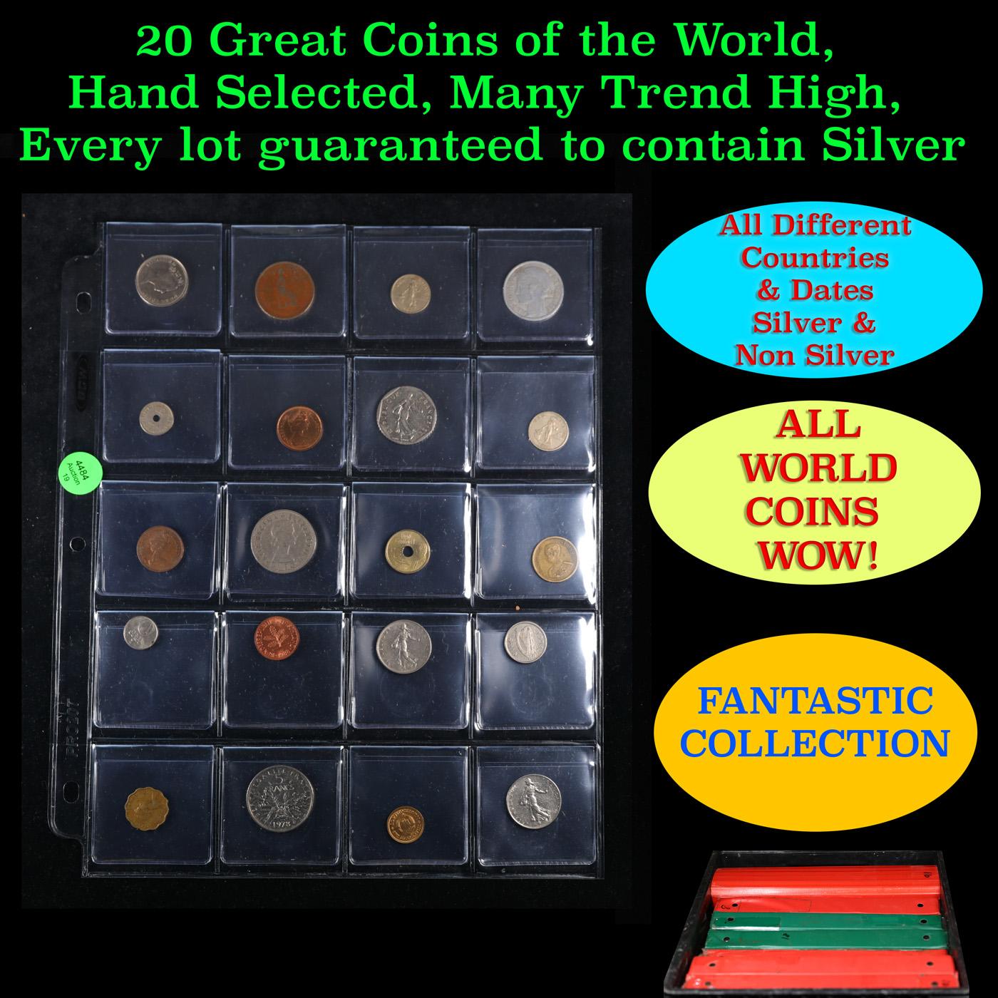 20 Great Coins of the World, hand selected, many trend high, every lot guaranteed to contain Silver.