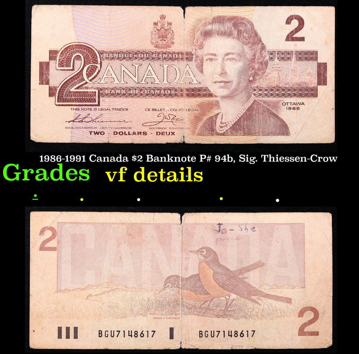 1986-1991 Canada $2 Banknote P# 94b, Sig. Thiessen-Crow Grades vf details