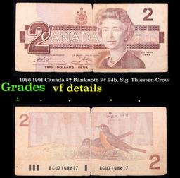 1986-1991 Canada $2 Banknote P# 94b, Sig. Thiessen-Crow Grades vf details