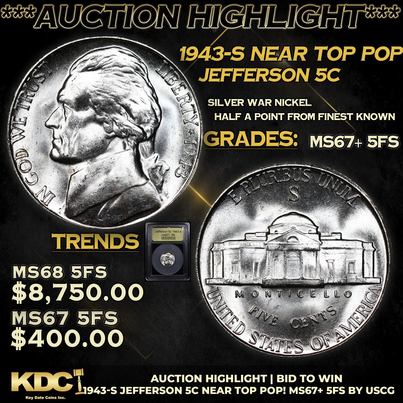 ***Auction Highlight*** 1943-s Jefferson Nickel Near Top Pop! 5c Graded GEM++ 5fs By USCG (fc)