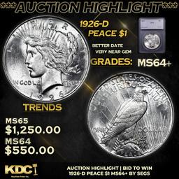 ***Auction Highlight*** 1926-d Peace Dollar $1 Graded ms64+ By SEGS (fc)