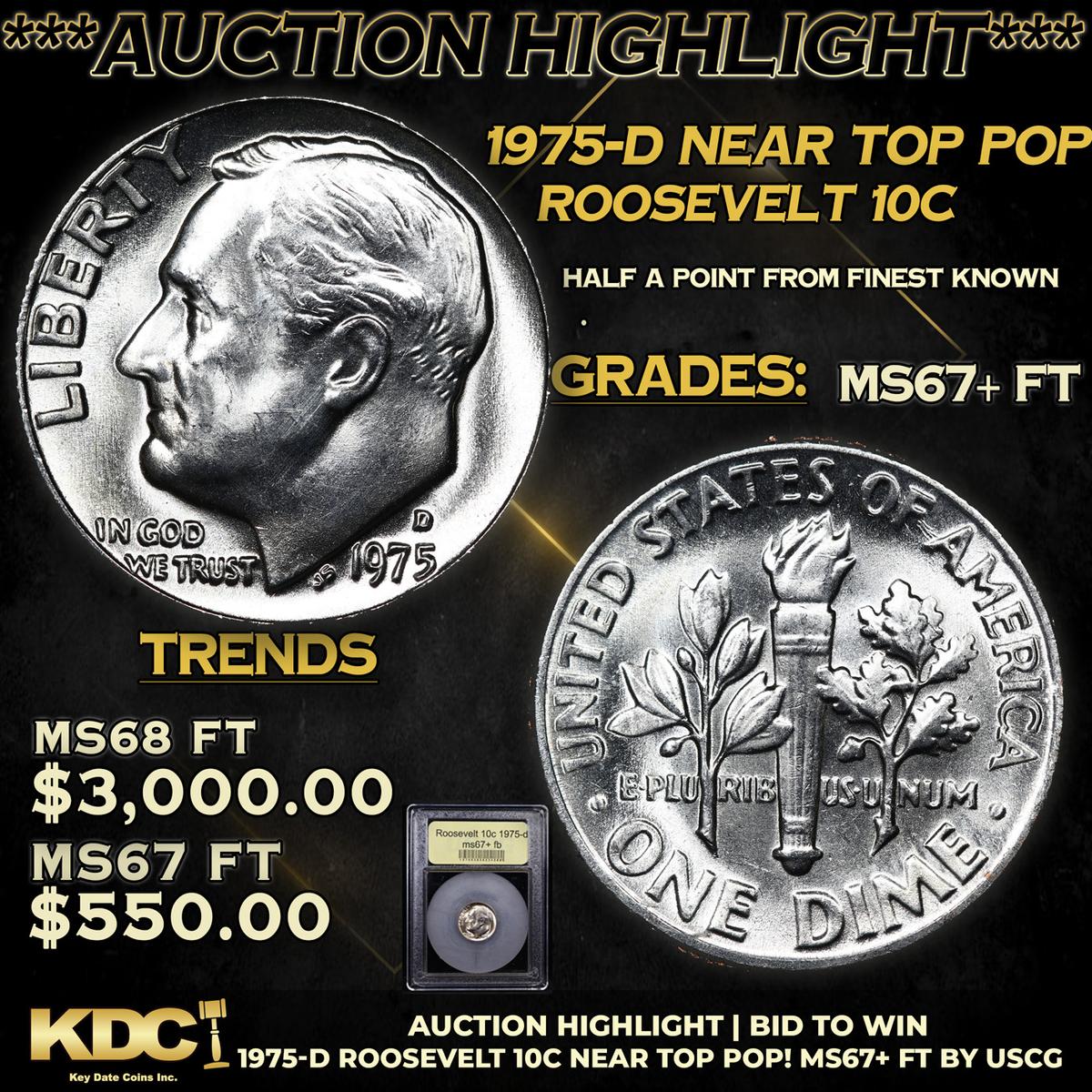 ***Auction Highlight*** 1975-d Roosevelt Dime Near Top Pop! 10c Graded Gem++ Full Bands BY USCG (fc)