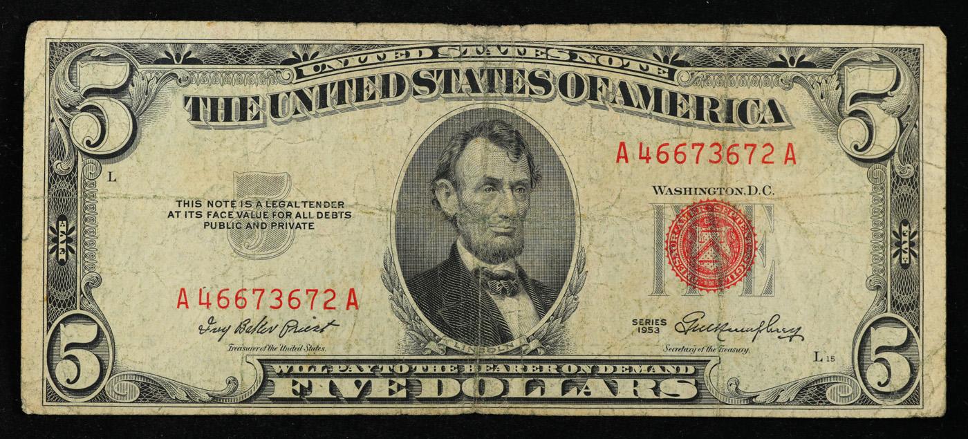 1953 $5 Red Seal United States Note Grades vf+