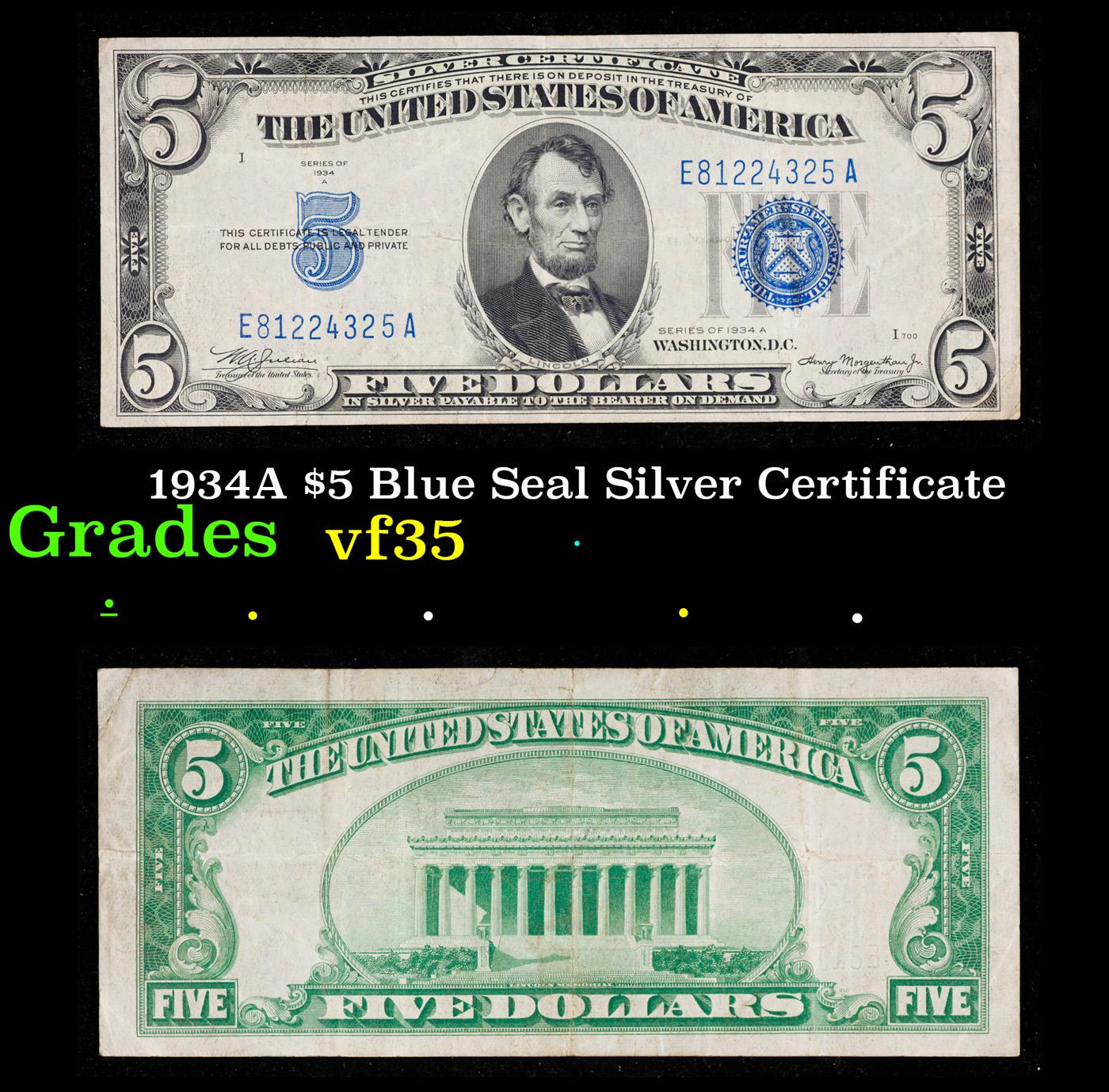 1934A $5 Blue Seal Silver Certificate Grades vf++