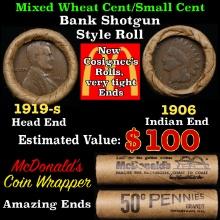 Small Cent Mixed Roll Orig Brandt McDonalds Wrapper, 1919-s Lincoln Wheat end, 1906 Indian other end