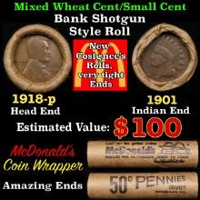 Small Cent Mixed Roll Orig Brandt McDonalds Wrapper, 1918-p Lincoln Wheat end, 1901 Indian other end