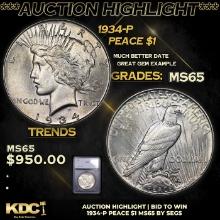 ***Auction Highlight*** 1934-p Peace Dollar 1 Graded ms65 By SEGS (fc)