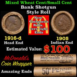 Lincoln Wheat Cent 1c Mixed Roll Orig Brandt McDonalds Wrapper, 1916-d end, 1905 Indian other end