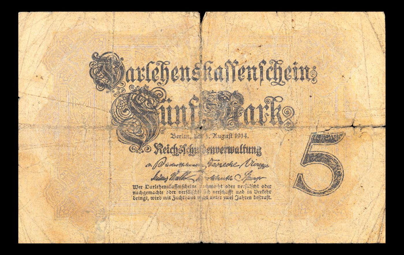 1914 Germany (Empire) 5 Marks Banknote P# 47b f+