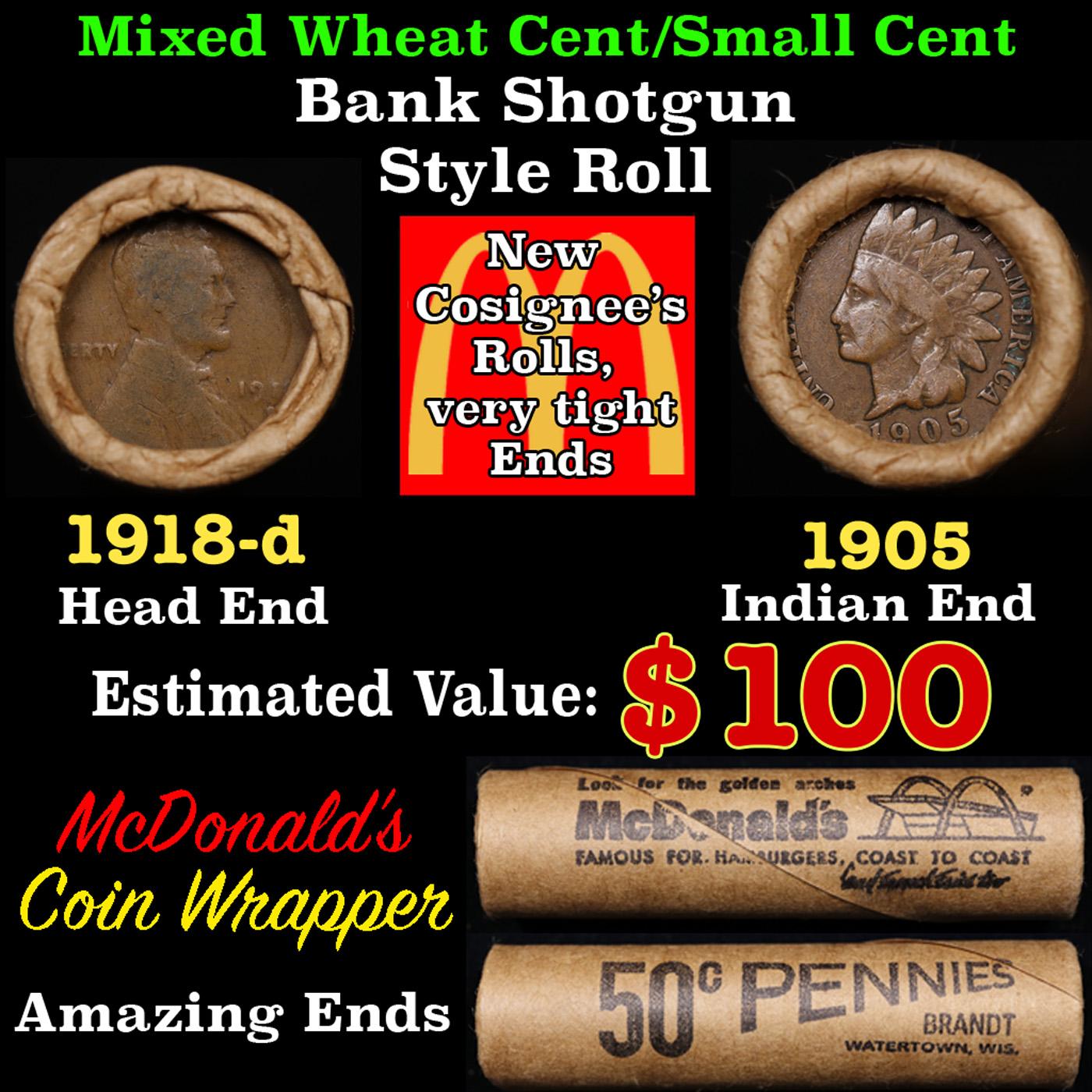 Lincoln Wheat Cent 1c Mixed Roll Orig Brandt McDonalds Wrapper, 1918-d end, 1905 Indian other end