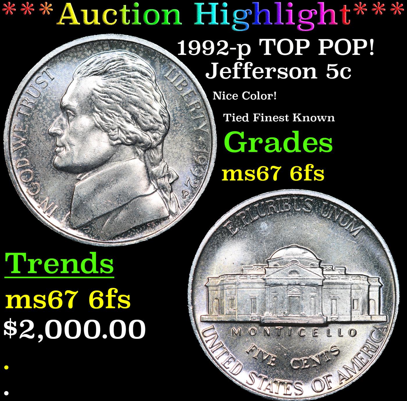 ***Auction Highlight*** 1992-p Jefferson Nickel TOP POP! 5c Graded GEM++ 6fs BY USCG (fc)