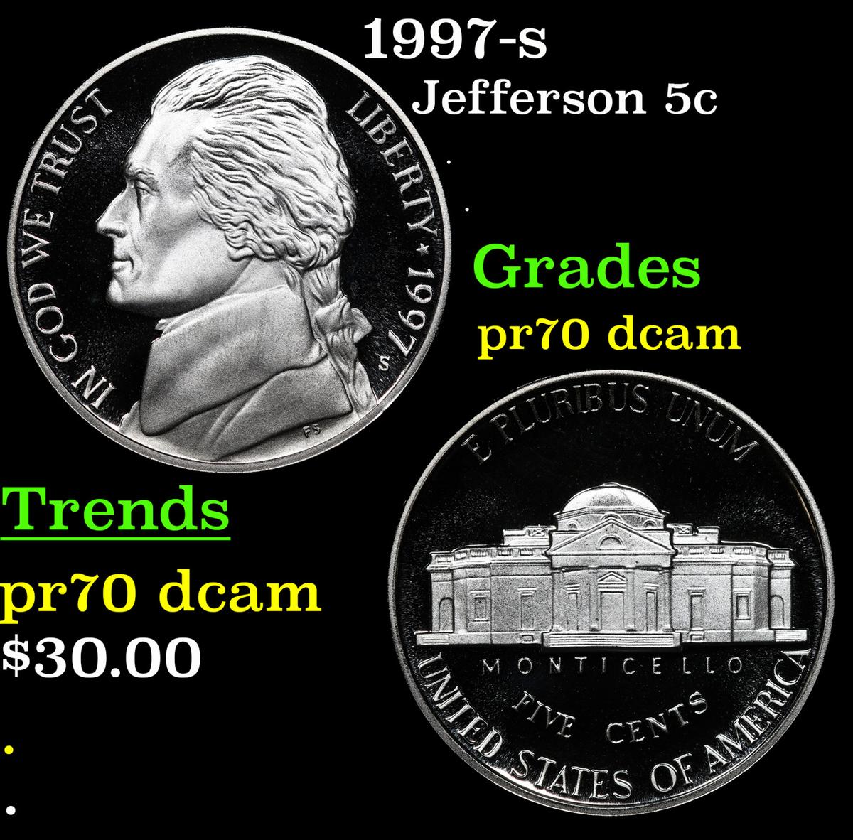 Proof 1997-s Jefferson Nickel 5c Grades GEM++ Proof Deep Cameo