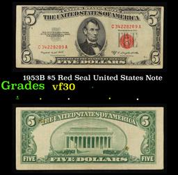 1953B $5 Red Seal United States Note Grades vf++