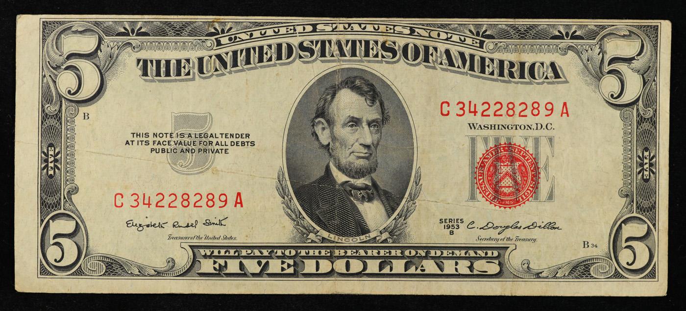 1953B $5 Red Seal United States Note Grades vf++