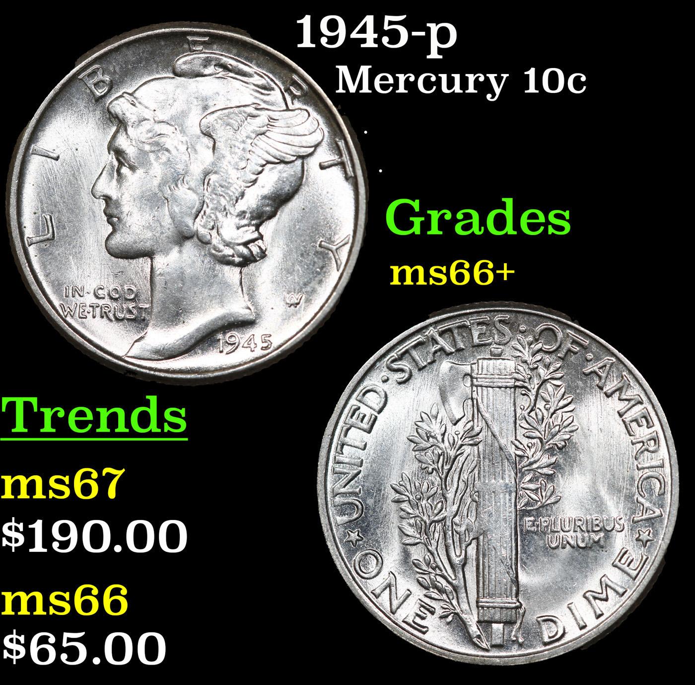 1945-p Mercury Dime 10c Grades GEM++ Unc