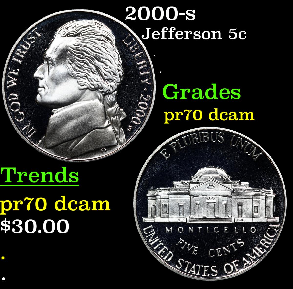 Proof 2000-s Jefferson Nickel 5c Grades GEM++ Proof Deep Cameo