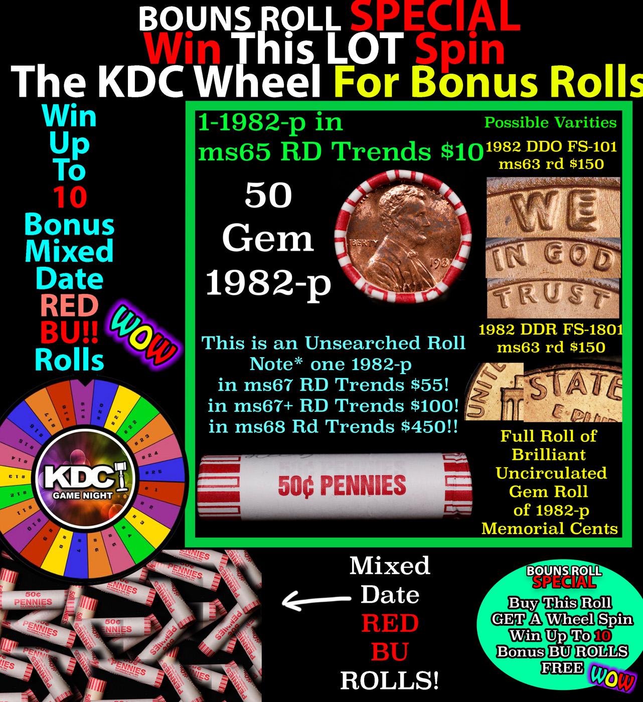 CRAZY Penny Wheel Buy THIS 1982-p solid Red BU Lincoln 1c roll & get 1-10 BU Red rolls FREE WOW