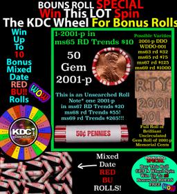 CRAZY Penny Wheel Buy THIS 2001-p solid Red BU Lincoln 1c roll & get 1-10 BU Red rolls FREE WOW