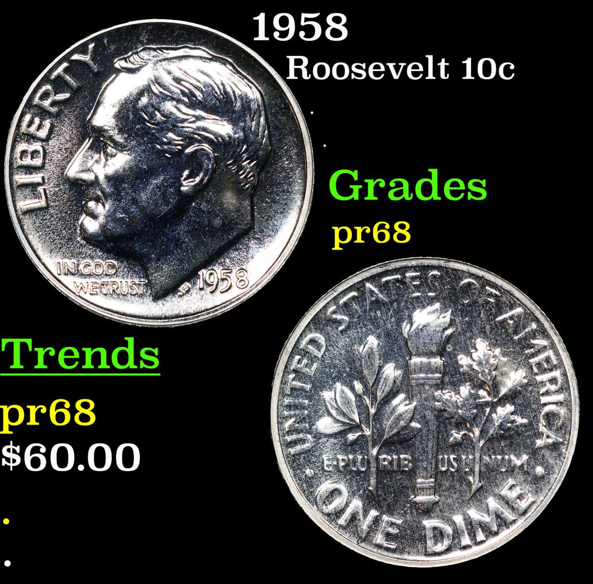 Proof 1958 Roosevelt Dime 10c Grades GEM++ Proof