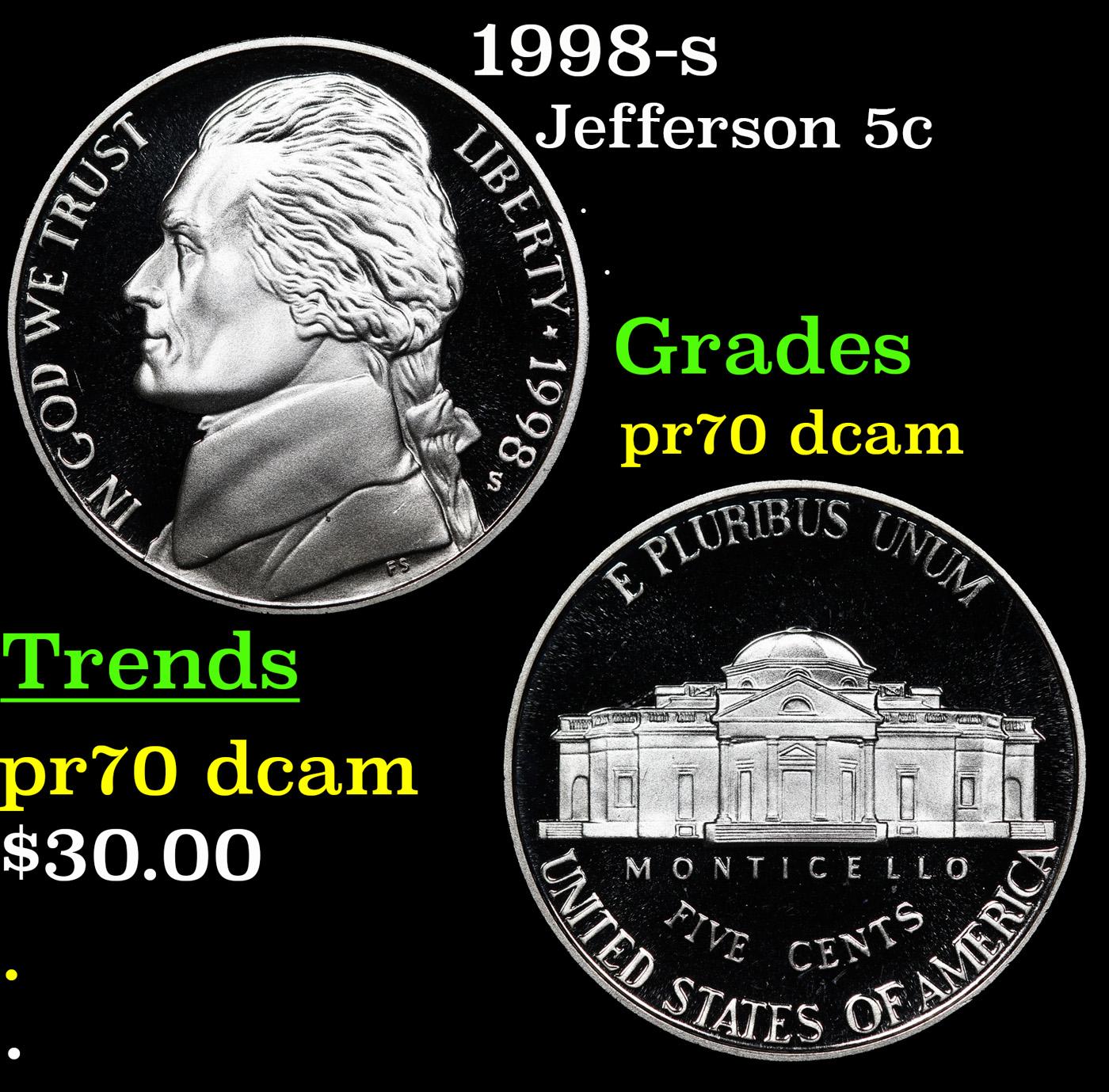 Proof 1998-s Jefferson Nickel 5c Grades GEM++ Proof Deep Cameo